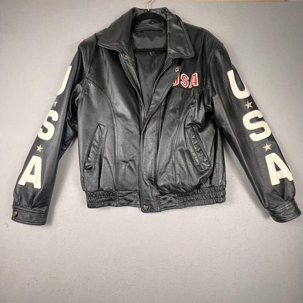Leather Bomber Jacket Mens L Black USA Eagle Patriotic Biker Vintage Rocker - Picture 10 of 16